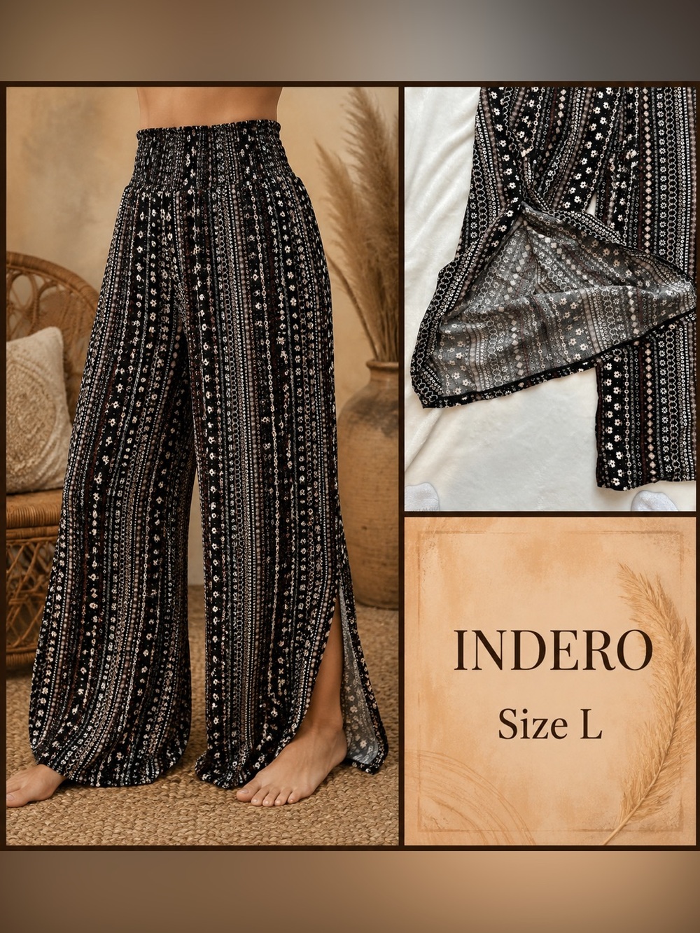 Indero Black Patterned Wide-Leg Split-Hem Pants - Size L